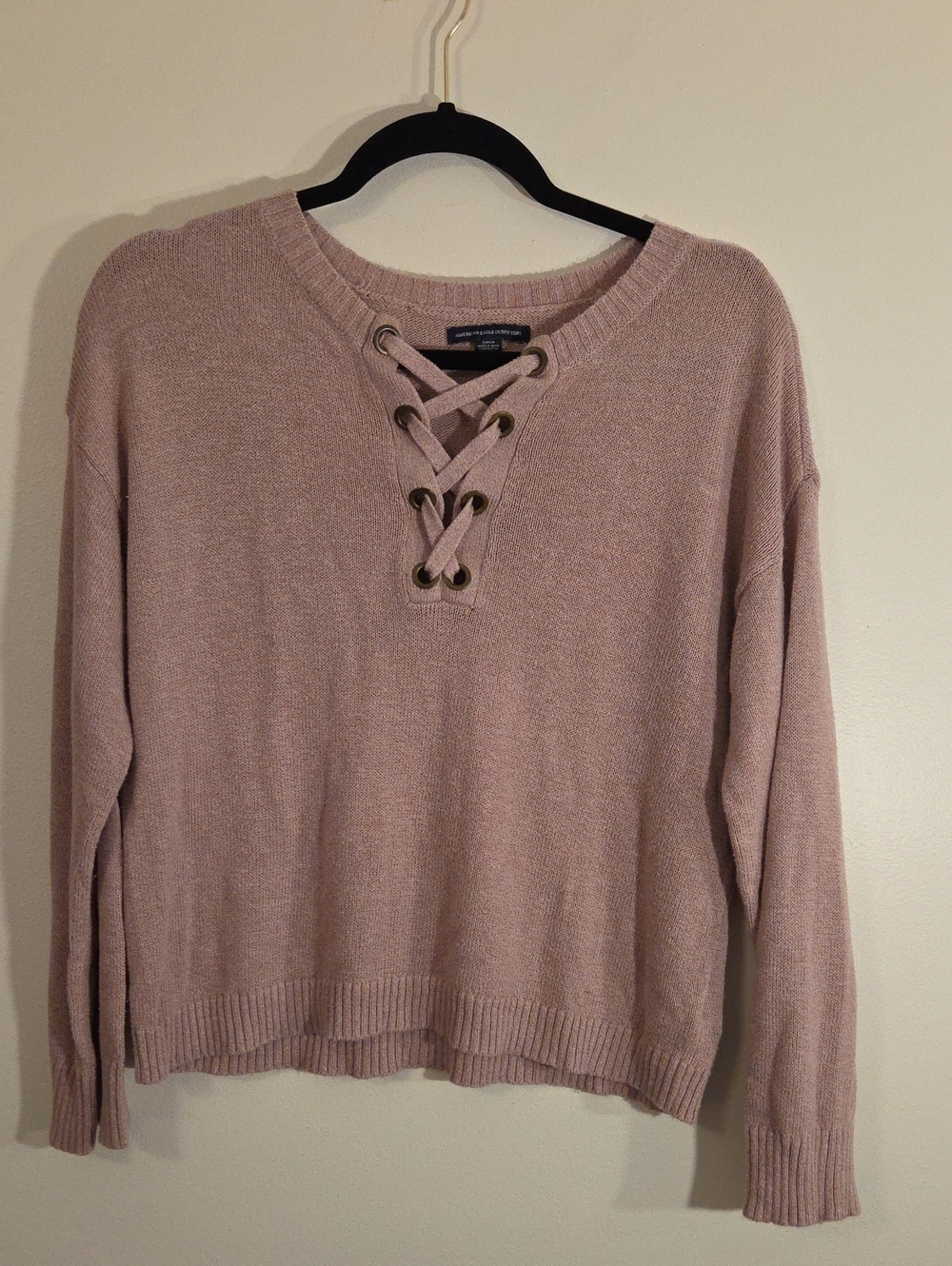 American Eagle Lace-Up Crewneck Sweater Pink Women's Size Small
